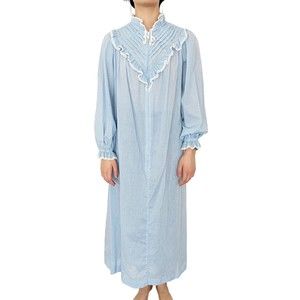 Vtg Handmade Nightgown Pleated Bib Eyelet Lace L/S Blue Gingham Zip Cottage Core